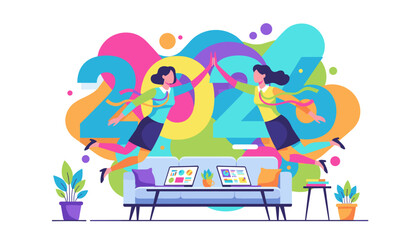 Teamwork success for 2024 Business women highfiving over a workspace Colorful vector illustration
