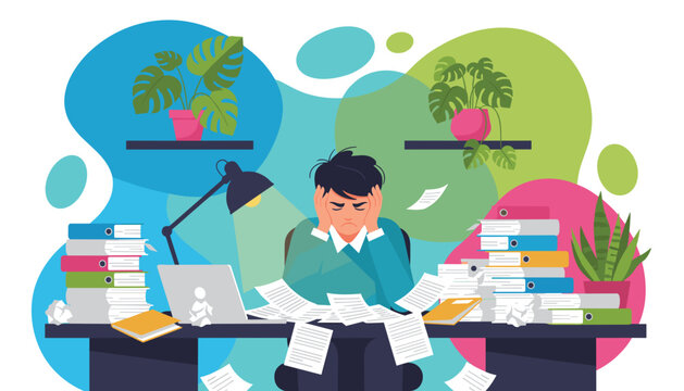 Stressed employee overwhelmed by paperwork and deadlines at a cluttered desk Workload burnout concept