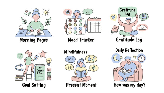 Selfcare habits journaling mood tracker gratitude goal setting and mindfulness routine vector set