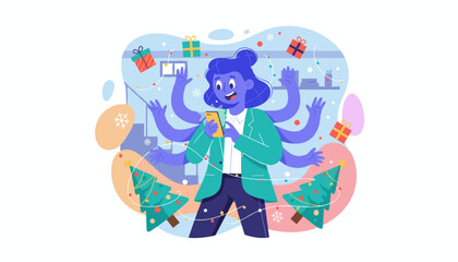 Busy person juggling work smartphone use and Christmas season planning