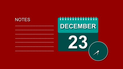 December 23 Calendar cyan color 4k illustration, with Free for Notes and Writing element. Red background 4k illustration.