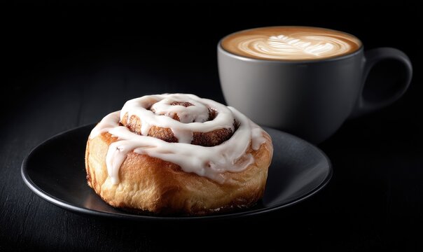 Cinnamon roll and latte on dark background
