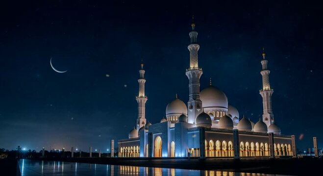 Beautiful landscape of mosque at night for Ramadan Kareem,Aidil Fitri, eid Mubarak decoration design gift background	