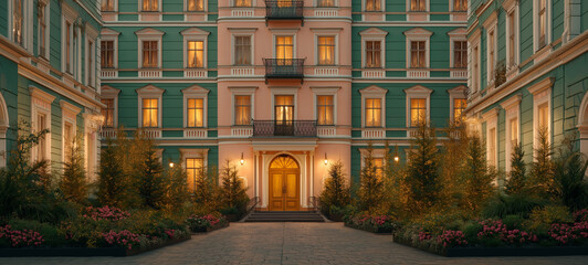 Grandeur of Architecture: A symmetrical, captivating perspective of an ornate building bathed in a warm, inviting light. The image draws attention to its intricate facade.