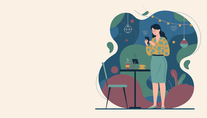 Frustrated woman checks phone for signal in a cafe Digital detox and poor connection concept