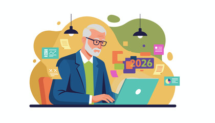 Senior businessman working on a laptop planning future corporate strategy and finance for 2026