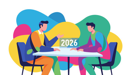 Business planning meeting Two men discussing 2026 goals and strategy Colorful flat vector design