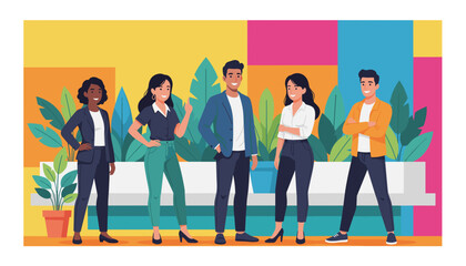 Diverse professional team standing confidently in a modern vibrant office setting Vector art