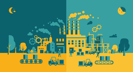 Continuous factory production day and night shifts Industry workflow graphic illustration