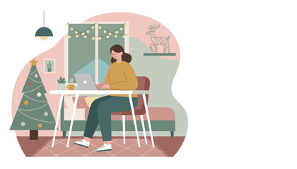 Remote worker uses laptop in a cozy Christmas home office Holiday season productivity and freelance lifestyle