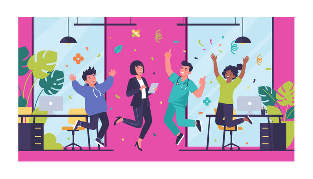 Celebrating success Diverse team jumps in a modern office enjoying achievement and teamwork