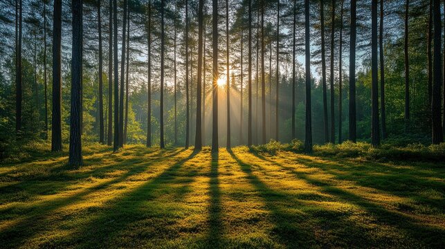 Sunlight streams through a misty forest