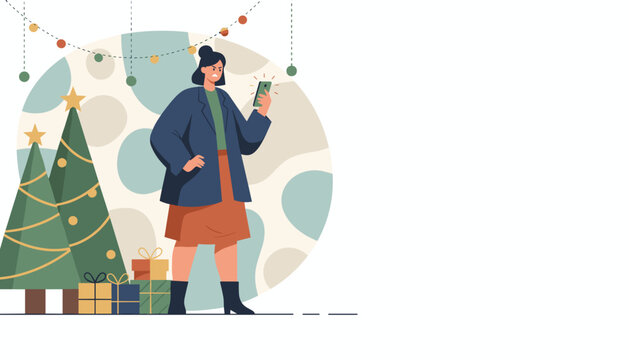 Angry woman checking smartphone near Christmas trees and gifts Holiday stress or bad news