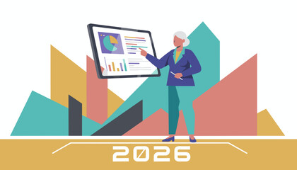 Senior manager analyzing financial data and growth projections for 2026 presentation