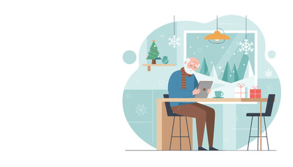 Senior man using a tablet indoors during winter holidays Cozy Christmas illustration