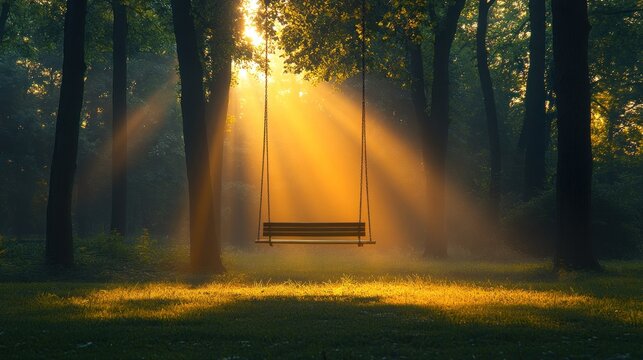 Sunlight streams through forest onto swing - Powered by Adobe