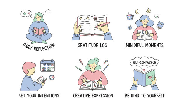 Selfcare routine illustrations daily reflection gratitude mindfulness intentions and creativity