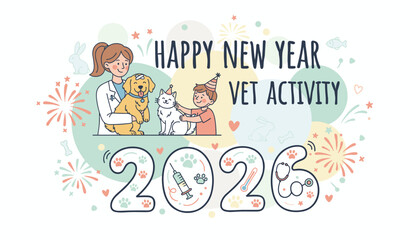 Cute New Year 2026 vet illustration with dog cat and boy Veterinary medicine holiday concept
