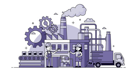 Engineers and workers oversee modern factory production and logistics Manufacturing industry