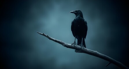 crow on a branch, dark minimalist background