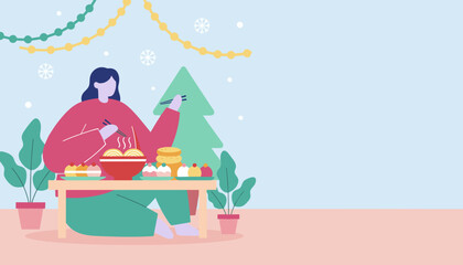 Cozy illustration of a woman enjoying hot noodles and treats at a festive winter celebration