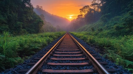 Fototapeta premium Sunrise over rainforest train tracks