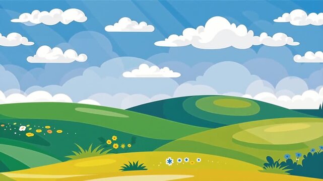 Cartoon Style Illustration of Rolling Green Hills and Sunny Blue Sky.
