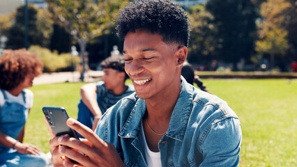 Fototapeta premium University student, outdoor and man with smartphone, happiness and internet with funny meme. Campus, college and person with cellphone, scholarship and digital app with online humor or test results