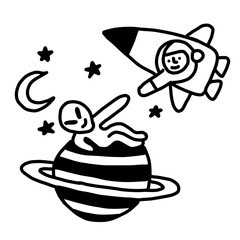 Astronaut and alien buddies chilling in space, cool doodle