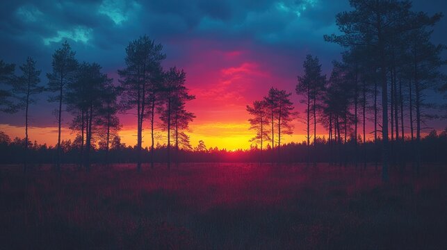 Sunset over a misty forest
