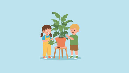 Kids watering and wiping a plant Childhood learning gardening growth responsibility