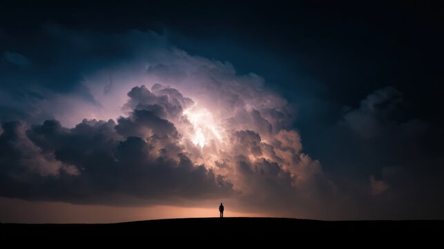 Lone person standing against dramatic storm clouds illuminated by bright atmospheric light ideal for inspirational themes mental health visuals and powerful storytelling concepts
