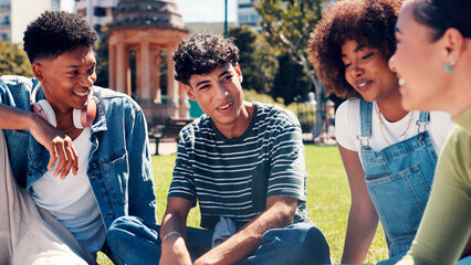 Happy people, students or social gathering with friends in park for interaction together on campus. Group, gen z or smile with friendly discussion or converation for picnic or bonding on grass field