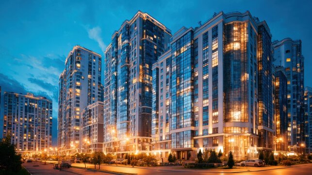 Modern glass skyscrapers with warm city lights at dusk urban skyline architecture perfect for real estate and night cityscape visuals - Powered by Adobe