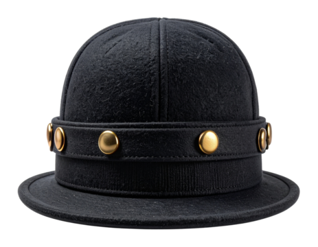 Black Wool Cap Front View, Brass Buttons Highlighted, Isolated on Transparent Background