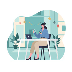 Professional woman using tablet and smartphone for remote work at a desk decorated for the winter holidays