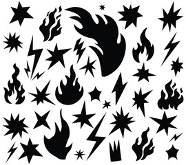 Crayon lightning, fire, and star doodle shapes set. Hand-drawn charcoal pencil simple scribble element. Flash lightning fire star pastel punk rock vector grange illustration