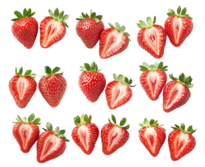 Set of strawberry with green leaves isolated on white transparent background