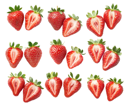 Set of strawberry with green leaves isolated on white transparent background