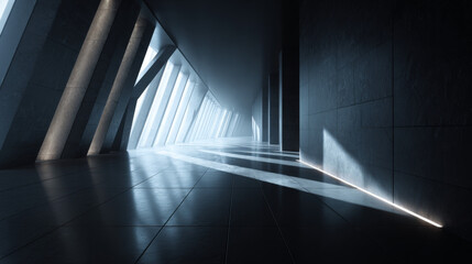 Obraz premium Futuristic dark hall interior with geometric forms and abstract diagonal shadows.