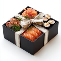 Gift box of assorted sushi.  A square black wooden box, tied with a cream-colored ribbon and bow, contains various sushi pieces.  Salmon sashimi, crab, and nigiri are visible.  Isolated on white