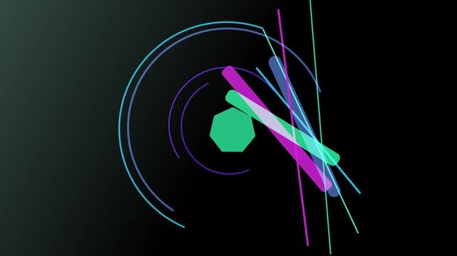 Geometric shapes in a dynamic composition against a dark backdrop, featuring lines, curves, and a central hexagon, creating a modern and abstract design