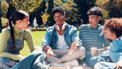 People, students and discussion with book in park for social, education or learning in nature. Group, friends or conversation with novel or story for study, gathering or bonding on grass field