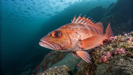 Fototapeta premium A reddish-orange Ocean Perch (Sebastes sp.) hovering near a sponge-covered rocky reef in its deep cold-water environment.