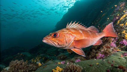 Fototapeta premium A reddish-orange Ocean Perch (Sebastes sp.) hovering near a sponge-covered rocky reef in its deep cold-water environment.