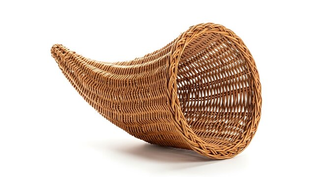 Empty traditional handcrafted woven wicker cornucopia horn of plenty isolated on a white background, symbolizing harvest, abundance, prosperity, and thanksgiving holiday celebration.