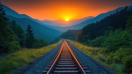 Fototapeta premium Train tracks lead to sunset over mountain range