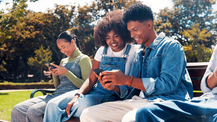 Phone, students and friends at park for app, social media update and learning at university. Mobile, man and happy woman at college campus for education, networking online and show text message