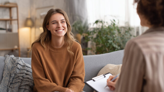 Young woman smiling during a counseling session with a psychologist, representing mental health support, therapy, emotional wellbeing, trust, and professional psychiatric care.