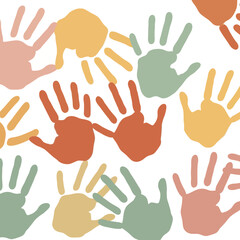 Fototapeta premium Seamless pattern of colorful handprints on a white background, diversity and inclusion.